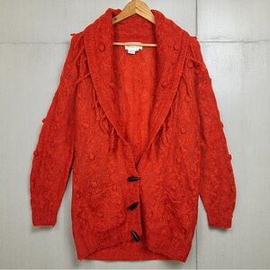 Jennifer Reed  Mohair Cable Knit Tassel Button Front Cardigan Sweater Orange M